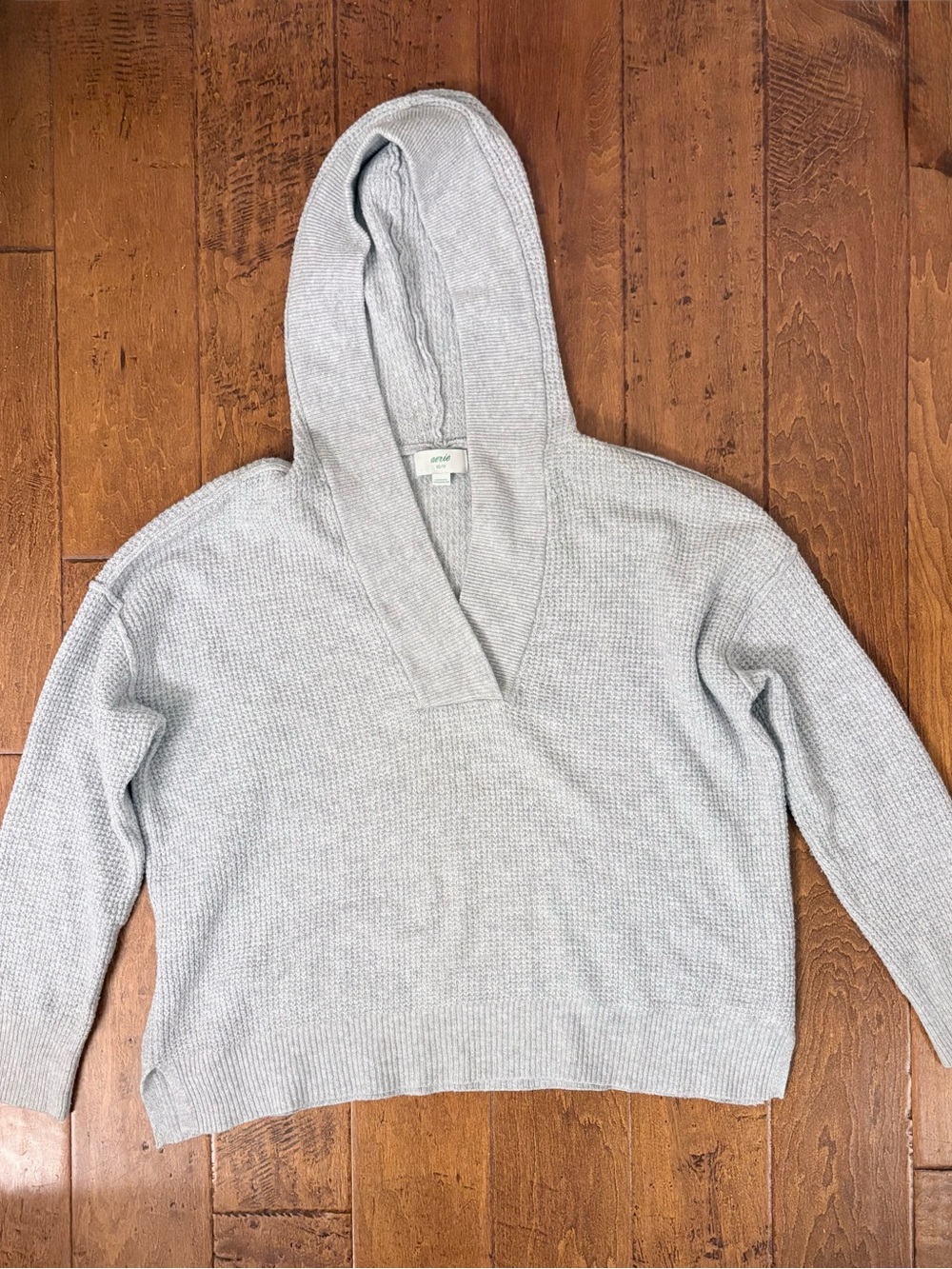 Aerie Gray Waffle Knit V-Neck Hooded Pullover Sweater Size XS